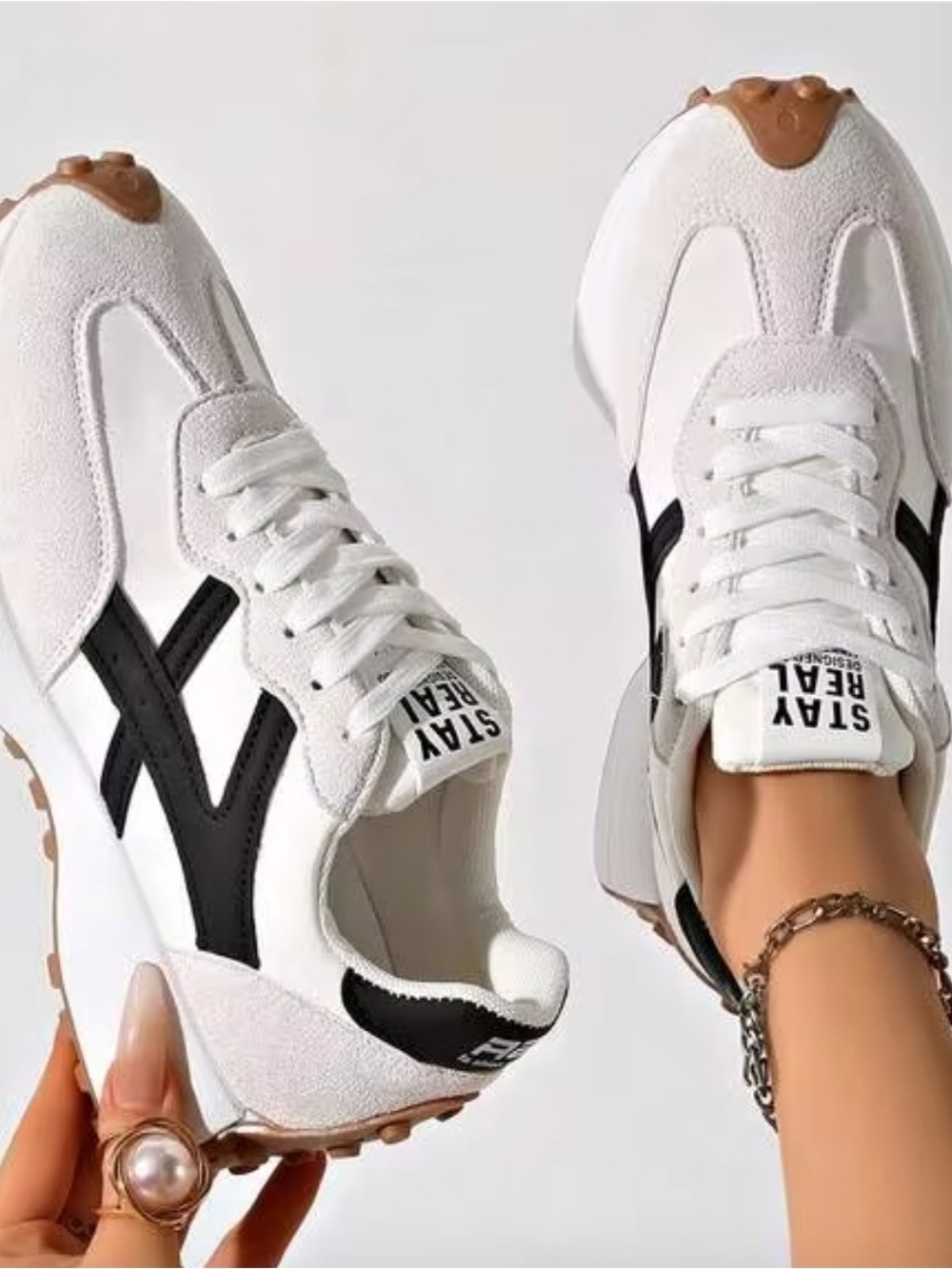 Women's White & Black Retro Runner Sneakers - Picture 3 of 5